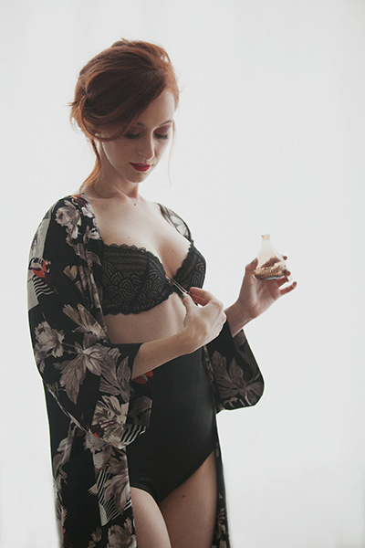 woman wearing a kimono and lingerie